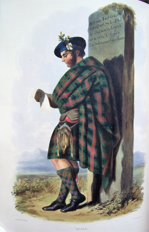 A coloured drawing of a man in green and red tartan, reading a letter, while leaning against an engraved rock