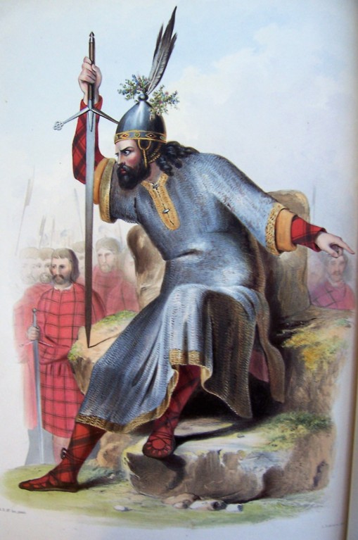 A coloured drawing of a man sitting on a rock, wearing long chain mail and a large silver helmet, holding a sword