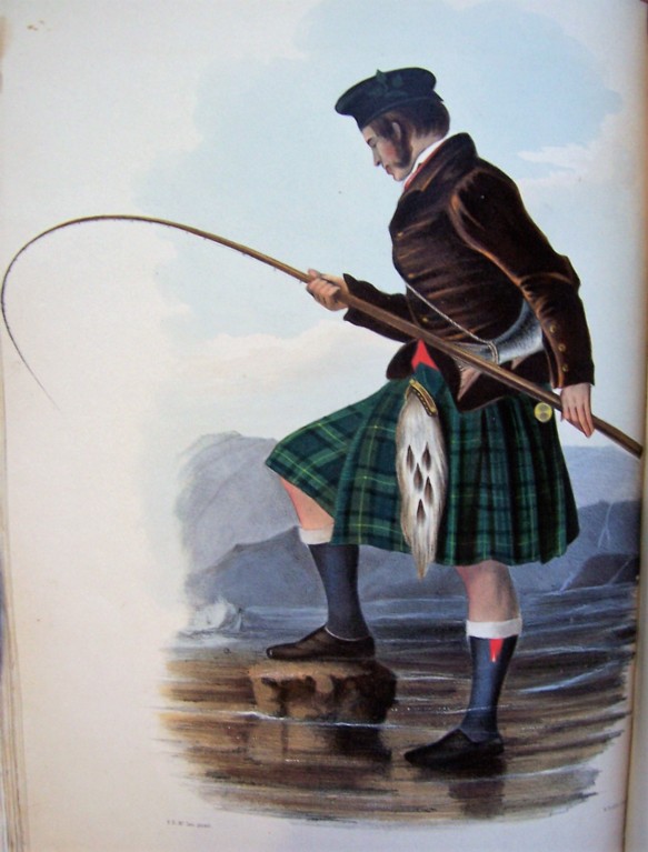 A coloured drawing of a man in a burgundy jacket and green tartan kilt, fishing