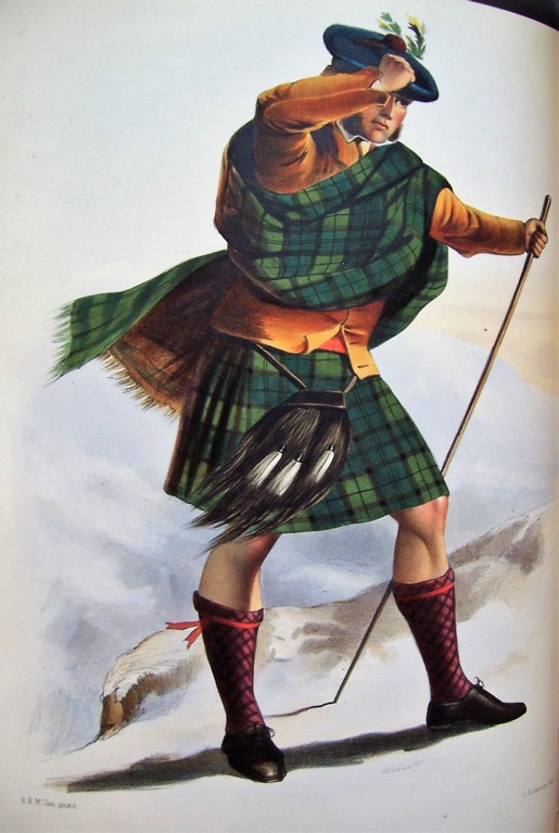 A coloured drawing of a man struggling against wind, wearing a mustard yellow top and green tartan kilt