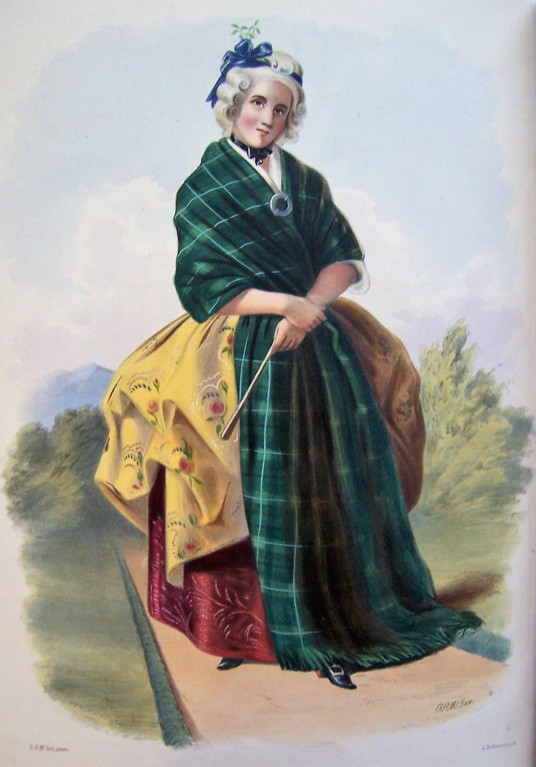 A coloured drawing of a woman in green tartan, with a yellow bustle