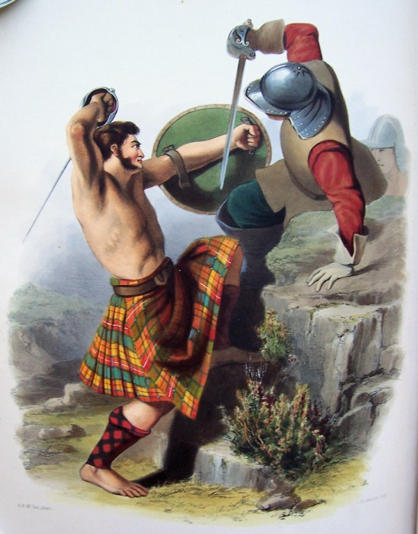 A coloured drawing of a shirtless man in a yellow, red and green kilt, sword-fighting with a man in full uniform, and a round silver helmet