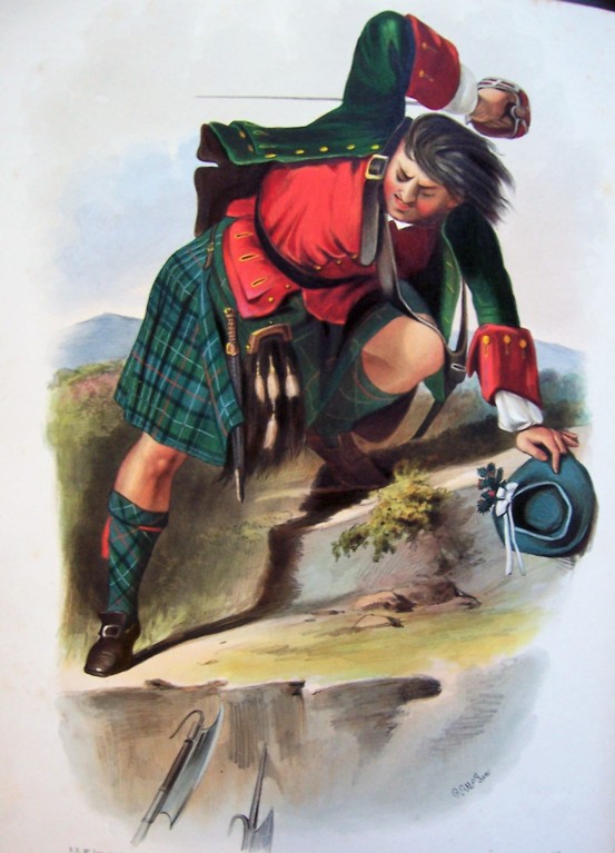 A coloured drawing of a man on top of a rock, fighting spears that are rising from below. He is wearing a green kilt and jacket, with a red undershirt