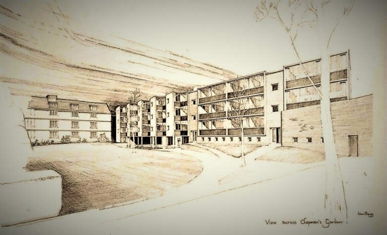 An architectural drawing of 1960s-style flats, with three floors