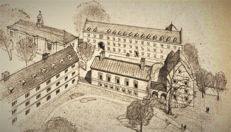 A drawing viewed from above, of three long three-storey gable-roofed buildings