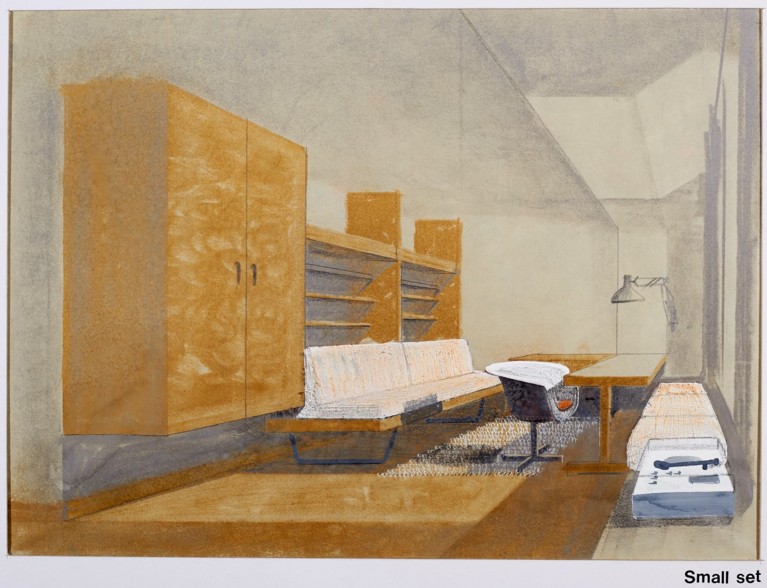 A drawing of a room with a large brown cupboard, shelves, bench seat, desk and bed