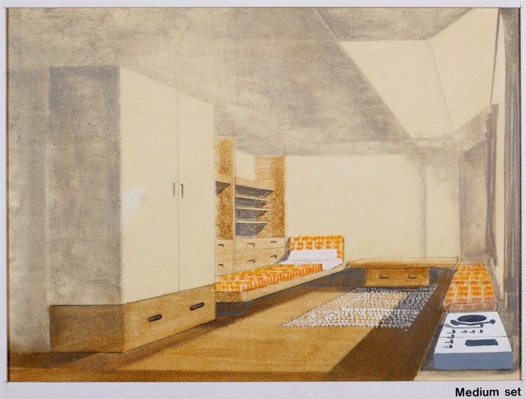 A drawing of a room with a large white cupboard, shelves and drawers, bench seat, desk and bed