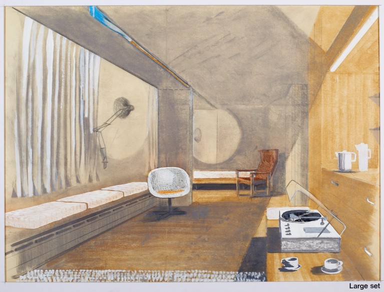 A drawing of a room with a long cupboard with shelves and drawers, a white chat, a large window, and a mirror and bed at the far end of the room