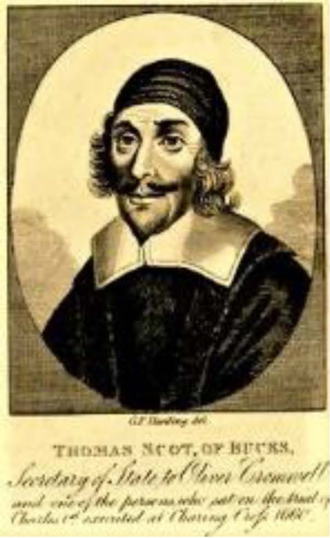 An engraving of a man with a long face, a black cap, long curled hair and a moustache. He is wearing a black coat with a large white collar