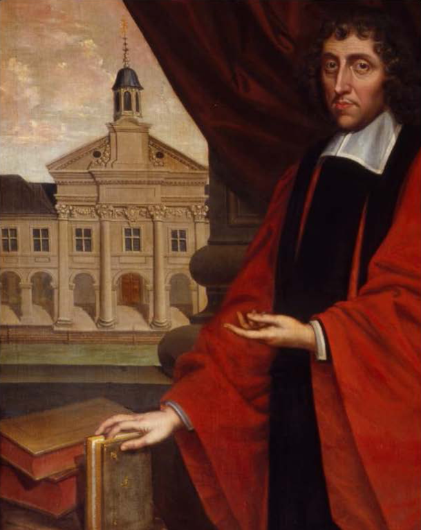 A Puritan man in black, with a white collar and red gown, standing in front of a curtain, in front of the College Chapel