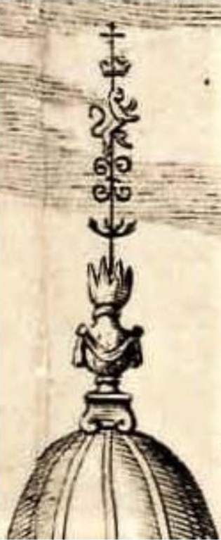 A close-up of a drawing of the college chapel weathervane, with a lion, crown and cross on the top