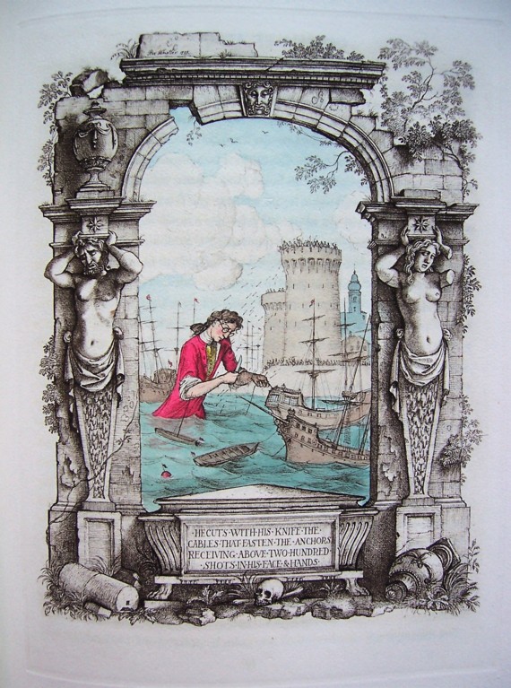 A coloured drawing of a man standing in water, with smal ships in front of him and a castle behind