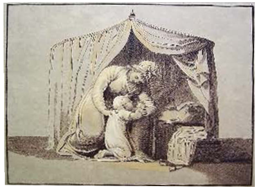 A black and white drawing of a woman and child kneeling by a bed in prayer