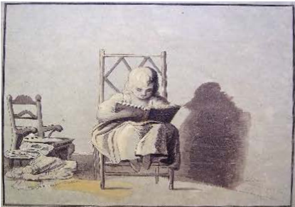 A black and white drawing of a child reading, seated on a chair