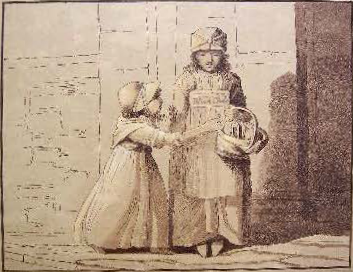 A black and white drawing of a child in an apron, smock and cap, holding the hand of another child in a bonnet, holding a basket of groceries