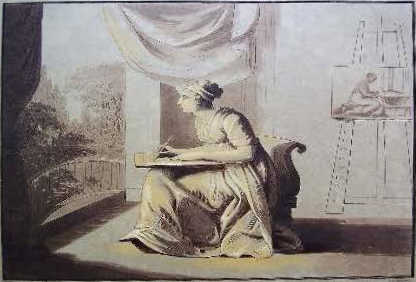 A black and white drawing of a young woman facing out of a window with a view, drawing on a pad