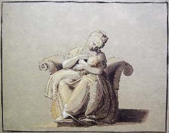 A black and white drawing of a mother seated on a curved-armed chair, feeding a baby