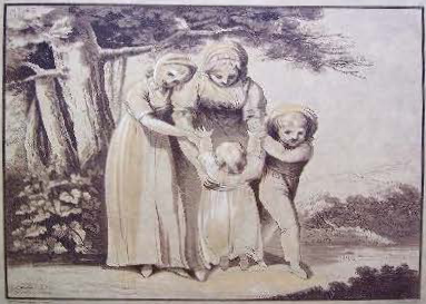 A black and white drawing of a family group of a mother, two children either side and a baby in front, with trees in the background