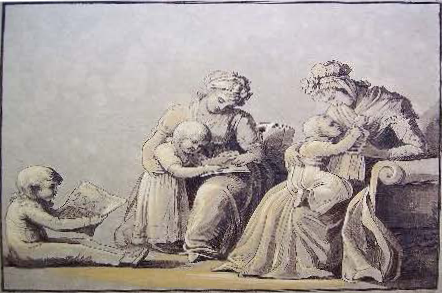 A black and white drawing of a family group: two women seated and children around them, and on the right-hand woman's lap.