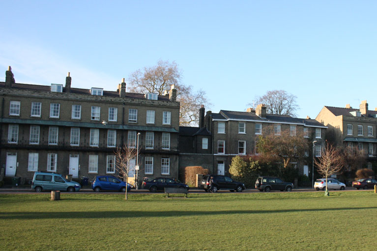 Park Terrace in the sun with bare trees, from Parker's Piece
