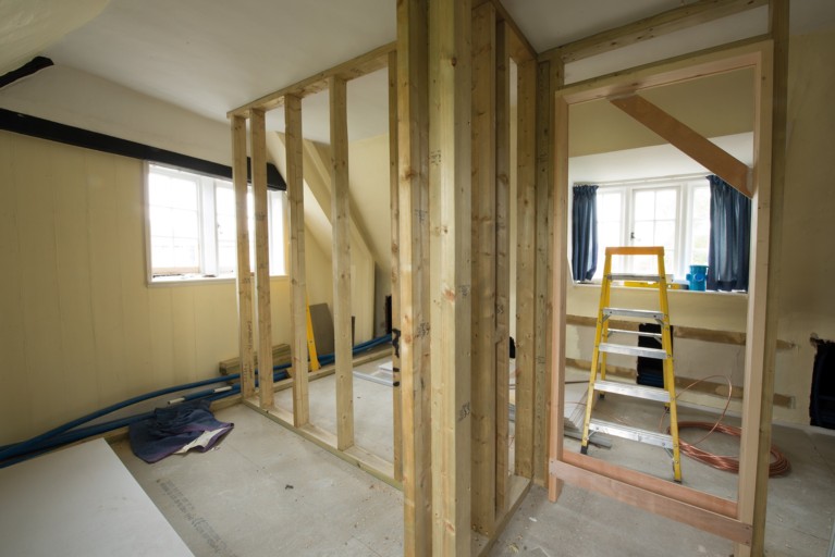 Wooden wall structures during Old Court bathroom refurbishment